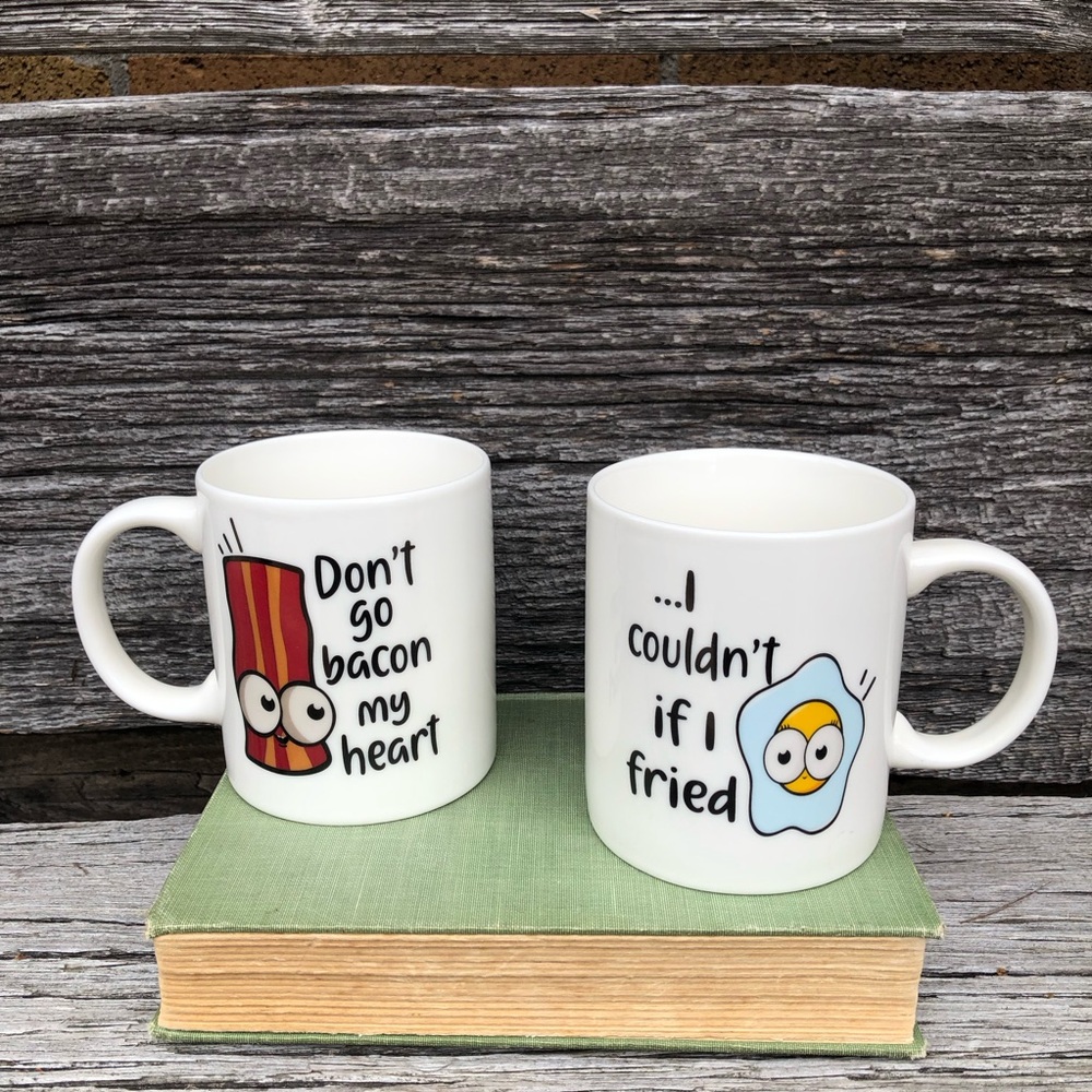 Humorous breakfast funny Coffee mug set of 2 Bacon & Eggs couple mugs quirky 🤎